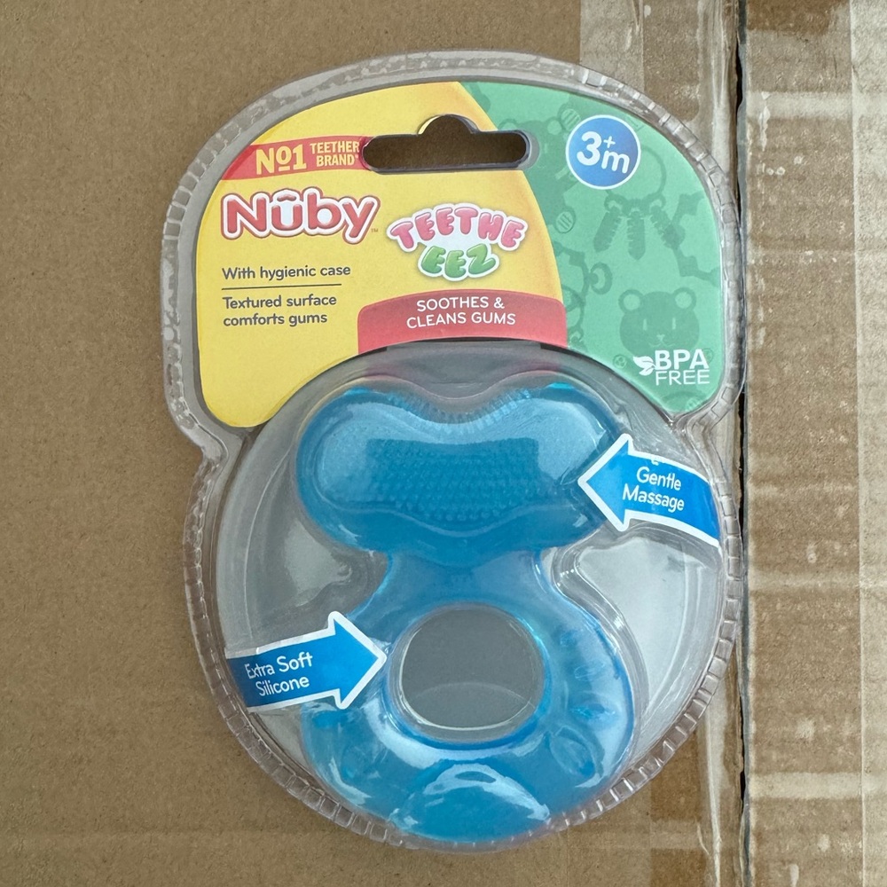 3 Nuby Silicone Teethe-EEZ Teether with Bristles, Includes Hygienic Case, Blue